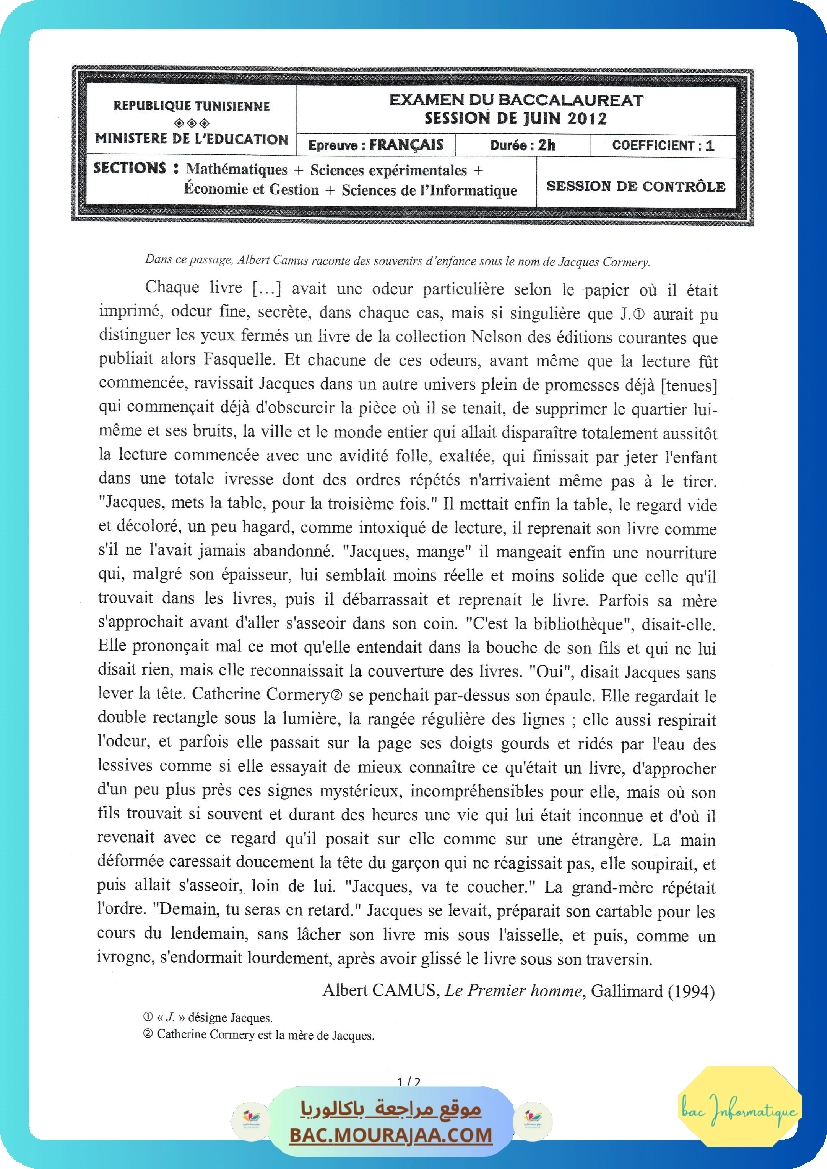 Sujet controle francais Bac 2012 – Section info